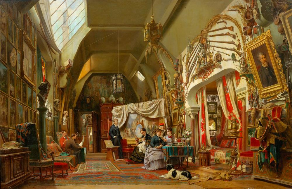 Giraud, Eugène (origin. Pierre François Eugène); French painter; 1806–1881. “Aelier d’un artiste” (Eugène Giraud in his studio with his brother Sébastien Charles, his son Victor and other members of the family). Painting by Sébastien Charles Giraud (1819–1892). Oil on canvas. Compiègne, Château, National Museum.