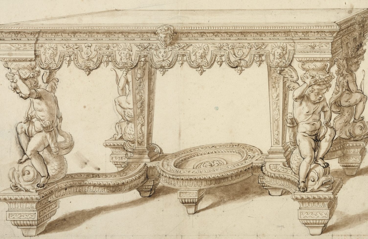 Table aux amours assis sur des dauphins », dessin en vue de la fonte par Claude Ballin,