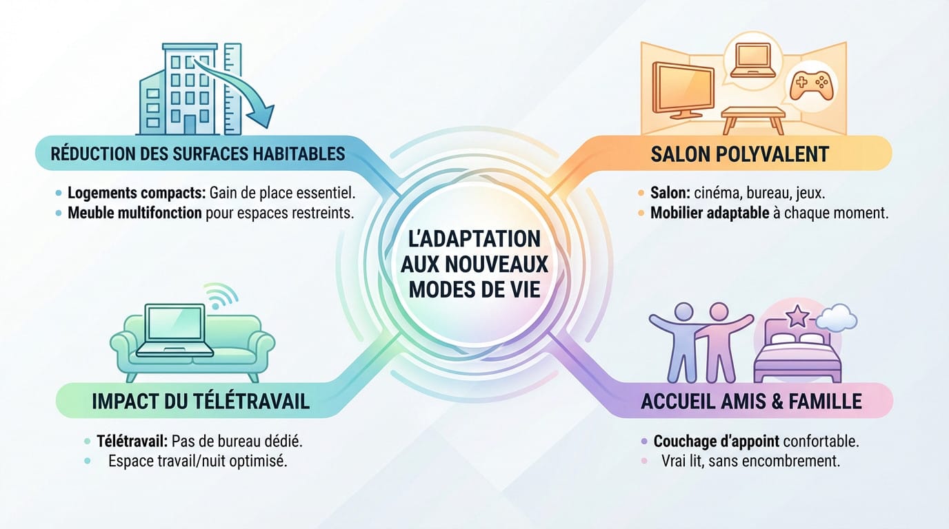 Salon moderne optimisé avec un canapé convertible gris souris et décoration épurée