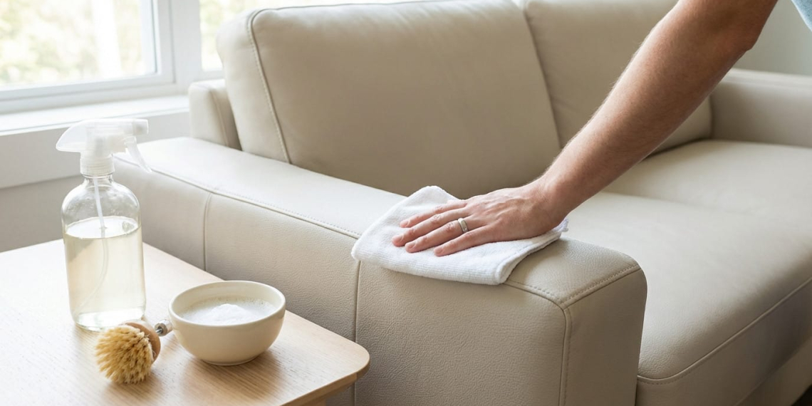 A hand with a wedding band wipes a light faux leather sofa with a white cloth. A spray bottle, foamy solution, and brush sit on a side table.