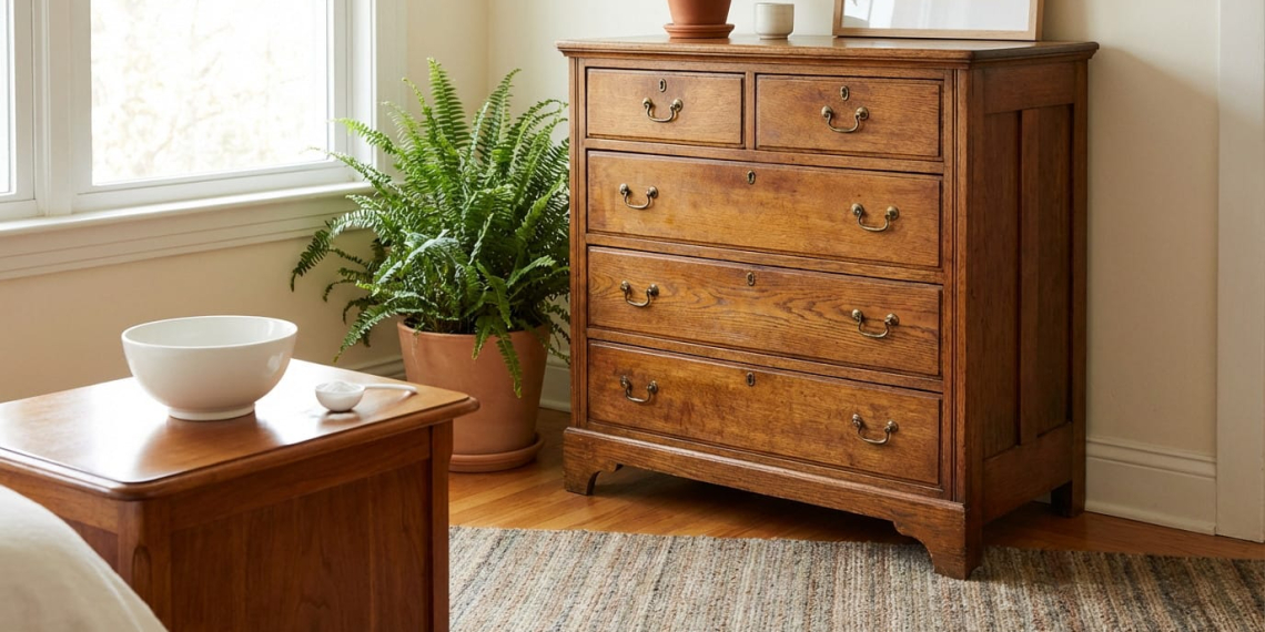 An antique wooden chest of drawers in a cozy, sunlit room, with a fern and a white bowl of baking soda on an adjacent table.