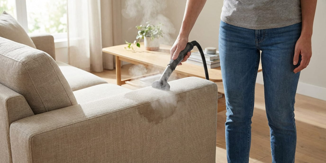 Vue en contre-plongée (buste uniquement) d’une personne nettoyant à la vapeur un canapé en tissu clair. La vapeur visible suggère un nettoyage en profondeur et écologique, dans une pièce lumineuse.