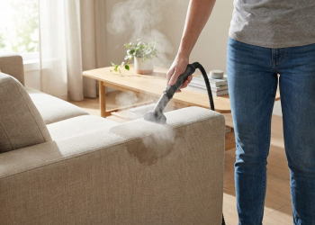 Vue en contre-plongée (buste uniquement) d’une personne nettoyant à la vapeur un canapé en tissu clair. La vapeur visible suggère un nettoyage en profondeur et écologique, dans une pièce lumineuse.