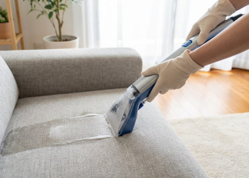 Gloved hands operate a modern sofa cleaner on a light grey fabric sofa, showing foam. Bright, clean living room setting.