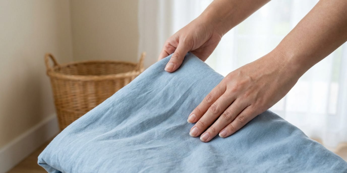 Close-up of hands gently folding a pale blue linen fabric. A blurry wicker basket and bright window are in the serene background.