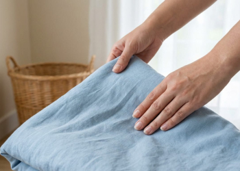 Close-up of hands gently folding a pale blue linen fabric. A blurry wicker basket and bright window are in the serene background.
