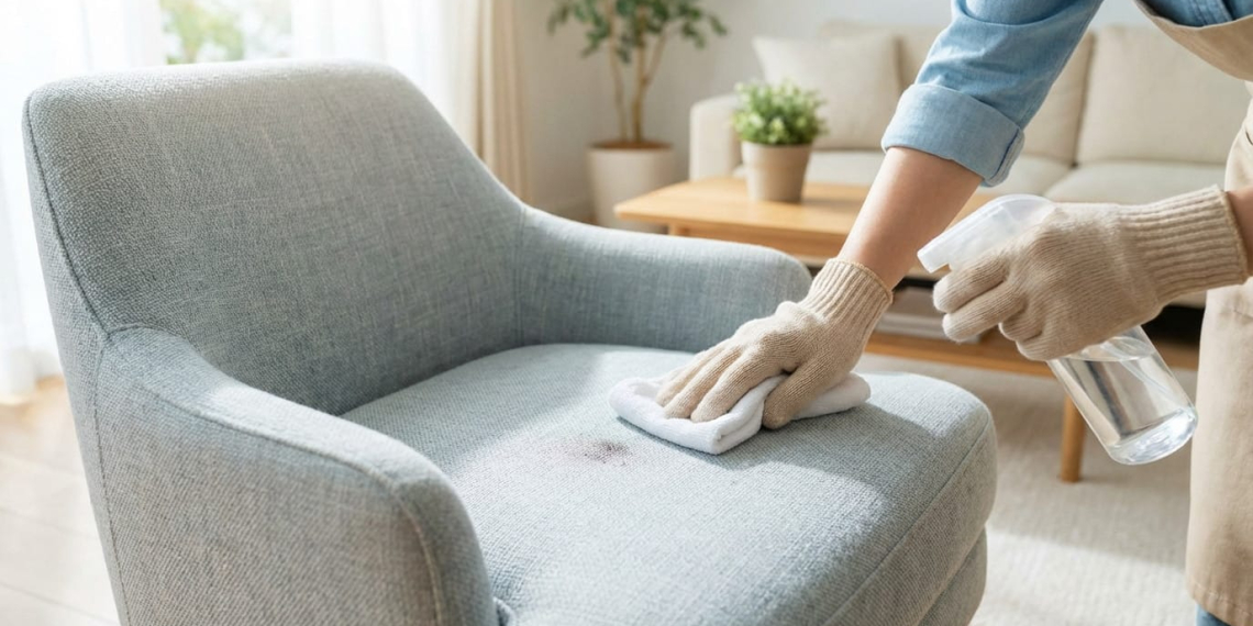 Main gantée d’une personne nettoyant délicatement une tache sur une chaise en tissu gris clair à l’aide d’un spray et d’un chiffon en microfibre, dans un salon moderne et lumineux.