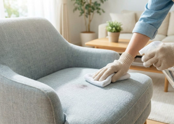 Main gantée d’une personne nettoyant délicatement une tache sur une chaise en tissu gris clair à l’aide d’un spray et d’un chiffon en microfibre, dans un salon moderne et lumineux.