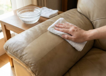 Close-up of a hand gently cleaning a beige leather sofa with a white cloth, revealing a clean, lustrous section next to a soiled area. A bowl of soapy water is nearby under soft natural light.