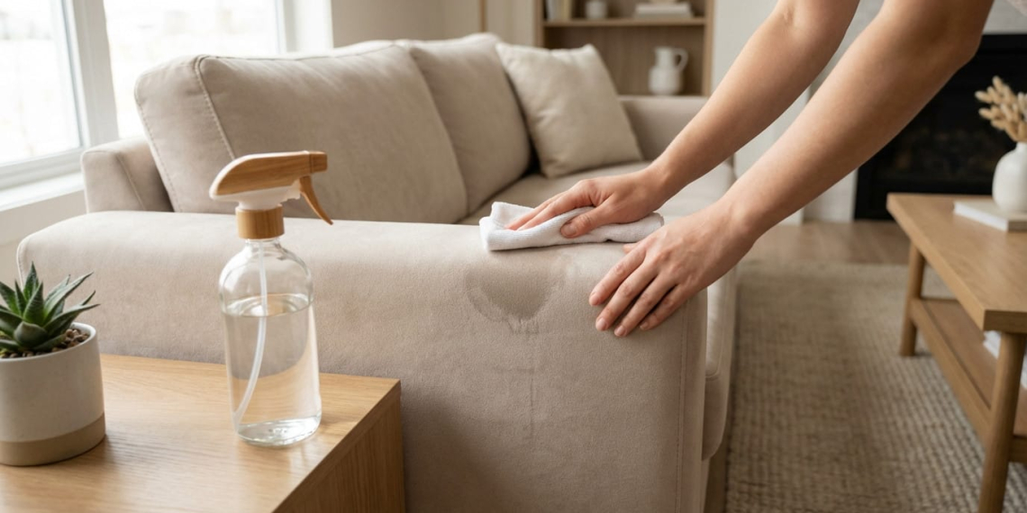 Hands gently clean a beige microfiber sofa with a white cloth, a spray bottle on a wooden side table. Modern, well-lit living room.