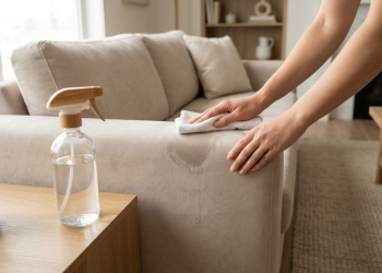 Hands gently clean a beige microfiber sofa with a white cloth, a spray bottle on a wooden side table. Modern, well-lit living room.