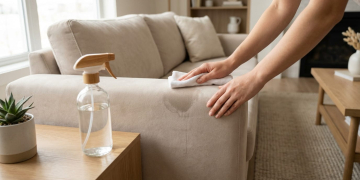 Hands gently clean a beige microfiber sofa with a white cloth, a spray bottle on a wooden side table. Modern, well-lit living room.