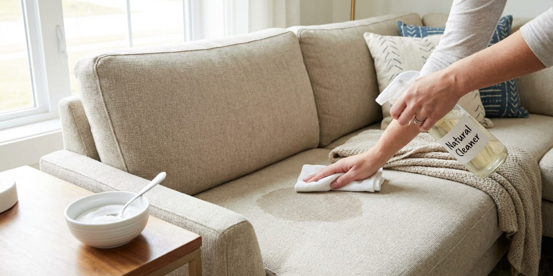 A hand cleans a damp spot on a beige sofa with a "Natural Cleaner" spray bottle and a white cloth. A bowl of baking soda is nearby.