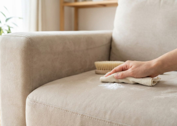 A hand applies white baking soda with a microfiber cloth onto a light Alcantara sofa, with a brush nearby, in a bright living room.