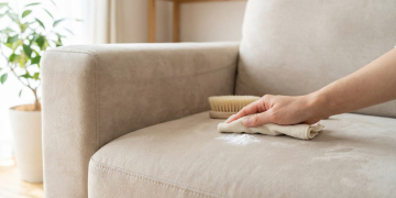 A hand applies white baking soda with a microfiber cloth onto a light Alcantara sofa, with a brush nearby, in a bright living room.